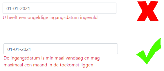 Een juiste en een onjuiste validatiemelding